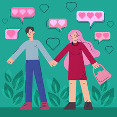 modern flat illustration of a couple in love. vector image of a man and a woman holding hands. the love of two people. valentine's day greeting card.