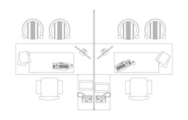 Image of office cubicle and workstation from above in 2D CAD drawing. Drawing in black and white. Employee desks are placed in groups to facilitate work in teams
