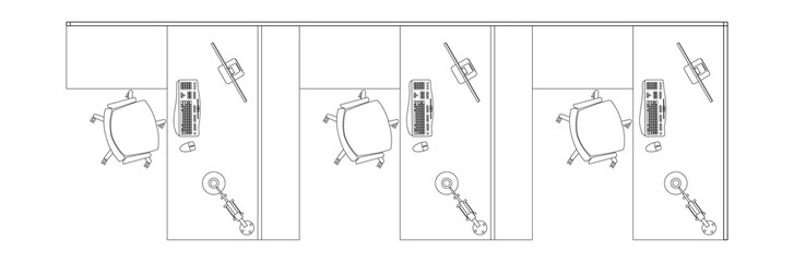 Image of office cubicle and workstation from above in 2D CAD drawing. Drawing in black and white. Employee desks are placed in groups to facilitate work in teams
