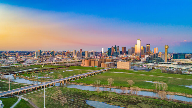Dallas, Texas, USA Downtown Drone Skyline Aerial Panorama