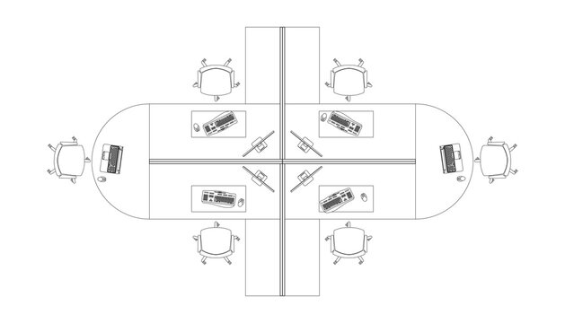 Image of office cubicle and workstation from above in 2D CAD drawing. Drawing in black and white. Employee desks are placed in groups to facilitate work in teams
