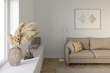Bright living room with a horizontal poster over a beige sofa, floor lamps, pampas grass in a wicker vase on a curbstone near the window, a carpet on the parquet floor. Frontal view. 3d render