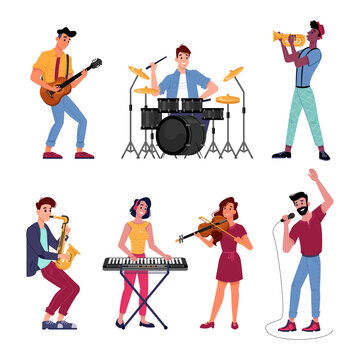 Musicians set. Vector music band players performs on instruments. Vector man and woman playing on digital piano, acoustic guitar and violin, saxophone and trumpet, drums kit, singer and microphone