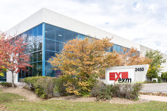 Mississauga, Ontario, Canada- October 20, 2018: Sign of EXM Manufacturing Ltd. in Mississauga, Ontario. EXM  is an Canadian company specializing in custom enclosures. 