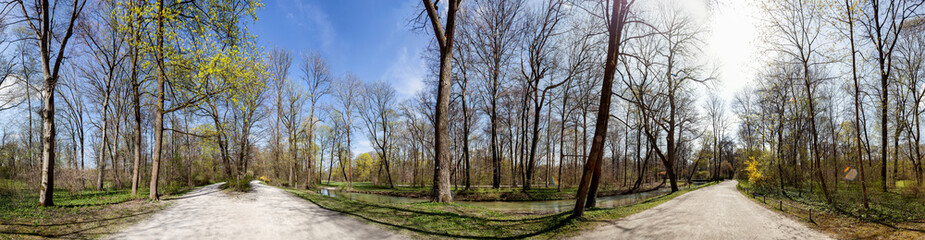 Panorama lake Kleinhesseloher See in The English Garden, Munich, Bavaria, Germany