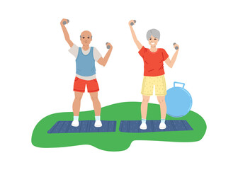 Pensioners man and woman do sports, do exercises, retirement activity, fitness for the elderly. Vector flat illustration.