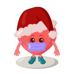 Cute kawaii strawberry with christmas hat and medical mask. Colored isolated natural vector illustration in flat design with shadows	