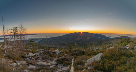 Sunrise on Plechy hill in winter sunny cold morning