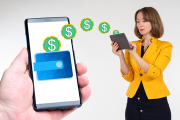 Electronic payment. Money transfers in mobile apps. The girl receives a money transfer online. Receipt of funds via the mobile app.