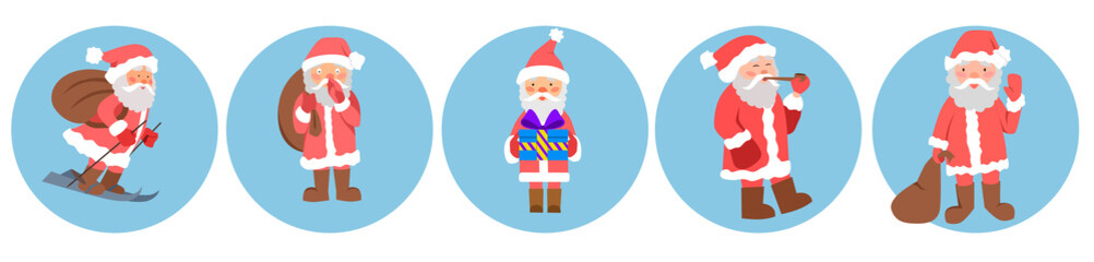 Set of Santa Claus in various poses on a blue background. Vector illustration.