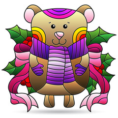 A stained glass illustration with a cute cartoon  bear and Holly branches , isolated on a white background