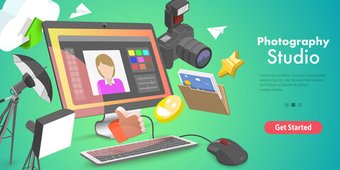 3D Vector Conceptual Illustration of Photo Studio, Digital Photography Courses.