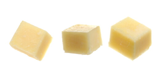 Set cow milk cheese cubes isolated on white background, clipping path