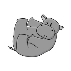 Cute cartoon gray hippo tries to keep his paws, he is on the back