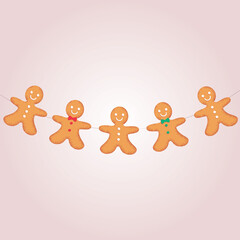 Illustration of smiling gingerbread man garland isolated