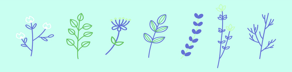 set of flower and leaves cartoon icon design template with various models. vector illustration isolated on blue background