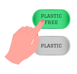 Hand touching, pressing or pointing a Plastic Free button with index finger. Isolated vector illustration on white background.