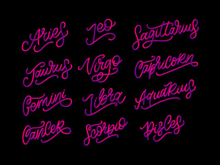 Zodiac lettering Vector Sign. Cartoon astrology text illustration. Horoscope handwritten icon set.