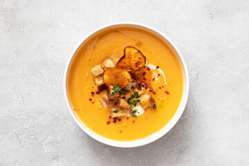 Bowl of fresh sweet potato soup. 