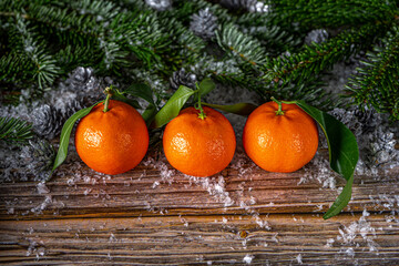 Christmas wooden background with snow fir tree and tangerines. Top view with copy space. Happy New Year concept.