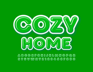 Vector cute banner Cozy Home. Green and White Alphabet Letters and Numbers. Bright modern Font