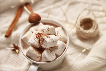 Cup of hot chocolate with marshmallow and christmas decorations. Winter cozy home concept