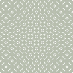 Vector geometric floral seamless pattern. Simple ornament with flower silhouettes, diamonds shapes, grid. Abstract ornamental background in light green color. Retro vintage style. Repeated design