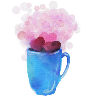 watercolor illustration whimsical  blue porcelain mug filled with hearts