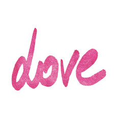 watercolor lettering the word "love" in magenta color