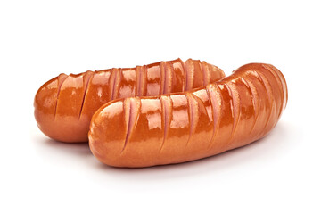 Fried pork sausages, isolated on white background