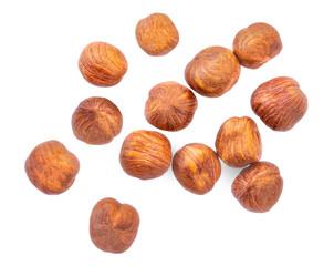 Hazelnutss isolated on white background. Creative food layout. Pattern with hazelnuts Top view. Flat lay.