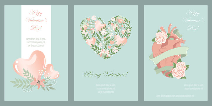 A set of cards with the image of hearts and floral elements. Valentine's Day. Design elements for cards, flyers, banners.
