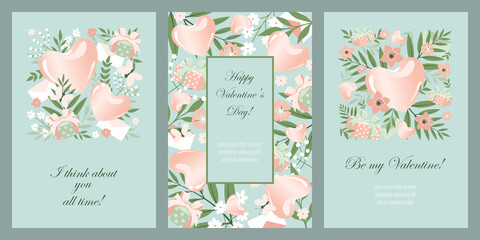Fototapeta na wymiar Set of cards with the image of hearts, flowers, floral elements. Template for cards, flyers, banners. Congratulations on Valentine's Day.