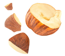 Crushed  hazelnuts isolated on white background. Hazelnut macro.  High resolution image..