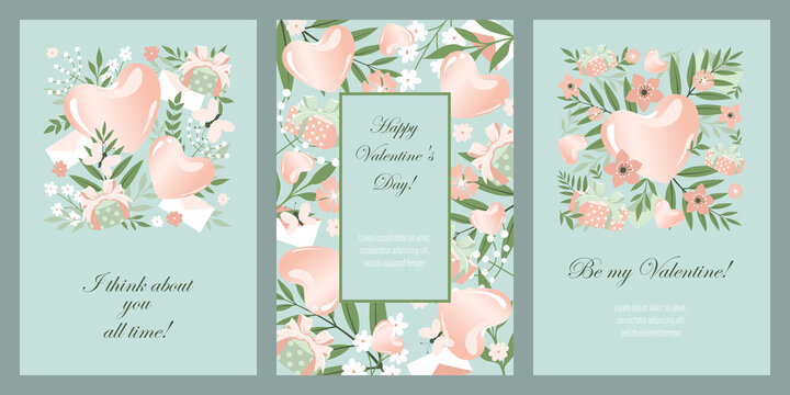 Set of cards with the image of hearts, flowers, floral elements. Template for cards, flyers, banners. Congratulations on Valentine's Day.
