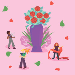 designers and florists create a bouquet. decoration from fresh flowers. floristry concept. bouquet of roses in a vase. a girl with scissors, a man carries flowers. vector. web banner, landing page