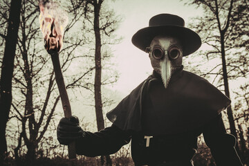 The Plague Doctor, mask, raven, plague, protection, costume, black, disease, death, burial, middle ages, fire, forest, trees, cane, doctor, help, agony, cosplay
