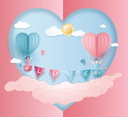 Valentines day invitation card, balloon hearts on blue background and cloud, with love message, Young people are happy with love, sun, pink heart, paper cut. Vector illustration.