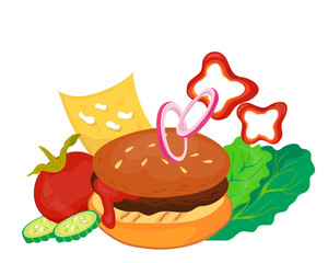 Burger or hamburger colorful image with vegetables and slice of cheese, flat style vector illustration isolated on white background. Food ingredients for hamburger making.