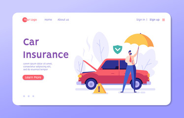 Obraz na płótnie Canvas Car Insurance Vector illustration. Man with Umbrella Standing beside Broken Car with Car Insurance. Concept of Car Insurance Services, Protection Property, Road Accident for Web Design, UI, Banners
