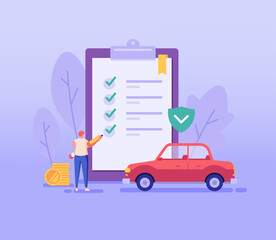 Car Insurance Vector illustration. Man Buying Car Insurance and Signing Form with Red Auto. Concept of Car Insurance Services, Protection Property, Road Accident for Web Design, UI, Banners