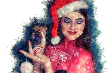 Beautiful brunette woman with creative art make-up wearing Santa Claus hat smiling at the camera