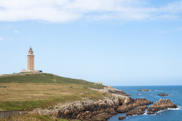 Fototapeta na wymiar Lighthouse in the top of Hercules tower, La Coruña, Galicia, Spain.