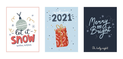 Christmas and Happy New Year greeting cards set with cute holiday elements. Vector hand drawn illustrations.