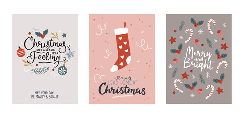 Christmas and Happy New Year greeting cards set with cute holiday elements. Vector hand drawn illustrations.