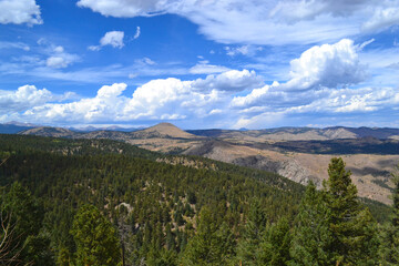 Fototapeta na wymiar Scenic pass overlooking Colorado mountains and green pines with blue skies and wispy clouds.