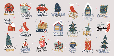Collection of cute Christmas and Happy New Year prints. Hand drawn vector illustration.