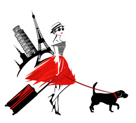 young attractive woman wearing fashion clothes with suitcase and beagle dog - travel with pets concept vector copy space sketch design