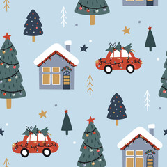Christmas seamless pattern. Cute festive background. Vector illustration. Holiday endless texture.