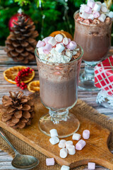Fototapeta na wymiar Hot chocolate with whipped cream and marshmallows